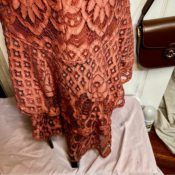 Two Sisters The Label Reyna Boho lace Crochet Cutout Ruffle Maxi Dress Mauve 8 - Picture 6 of 15